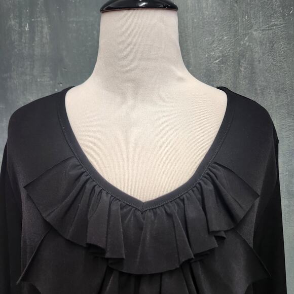 Susan Graver black 3/4 sleeve Liquid Knit Top size medium Ruffle Front - Picture 2 of 10